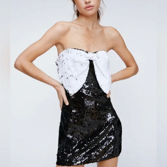 Nasty Gal Contrast Bow Sequin Bodycon Mini Dress Size 6 - New with Tags - Picture 2 of 8